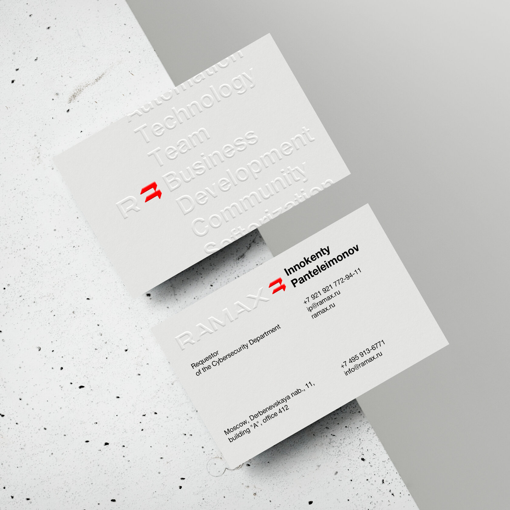 White business cards Ramax with embossing and red mark