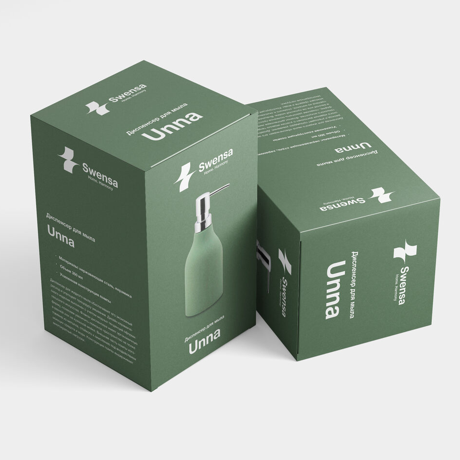 Green packaging of the soap dispenser Unna with the Swensa logo